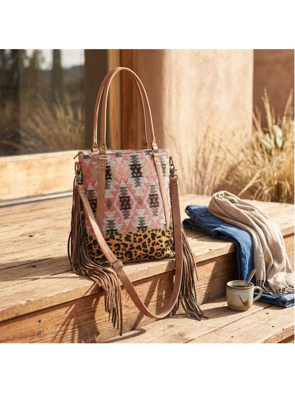 Ohlay by American Darling Boho Wild Leopard Fringe 2 in 1 Aztec Tote Bag